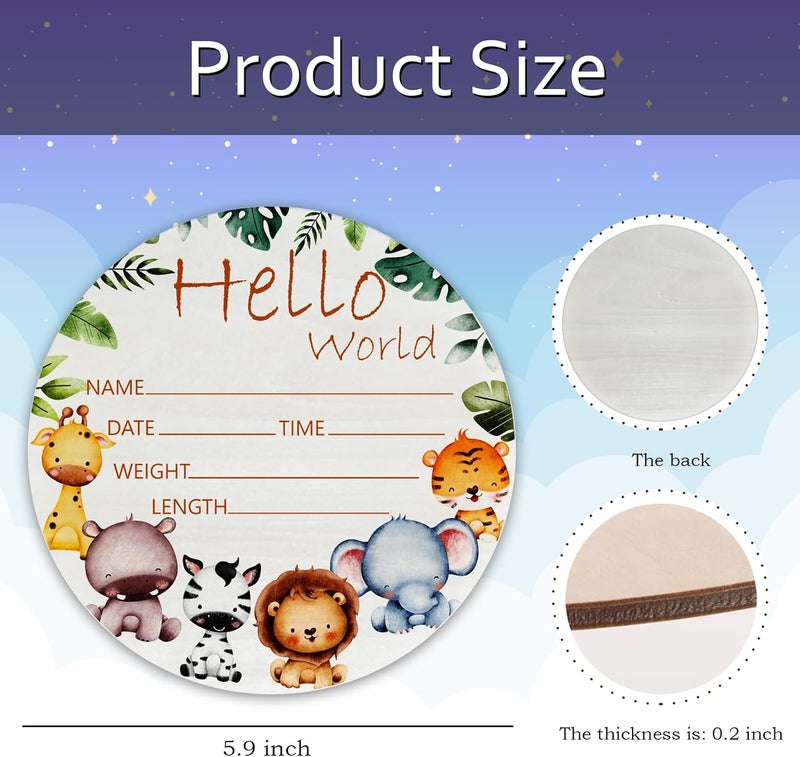 CLHHM Hello World Giraffe Yellow Elephant Birth Announcement 6" Round Birch Wood Newborn Sign for Nursery Hospital & Baby Shower, Personalized Baby Name Plaque, Keepsake Décor Gift for New Parents - Image 2